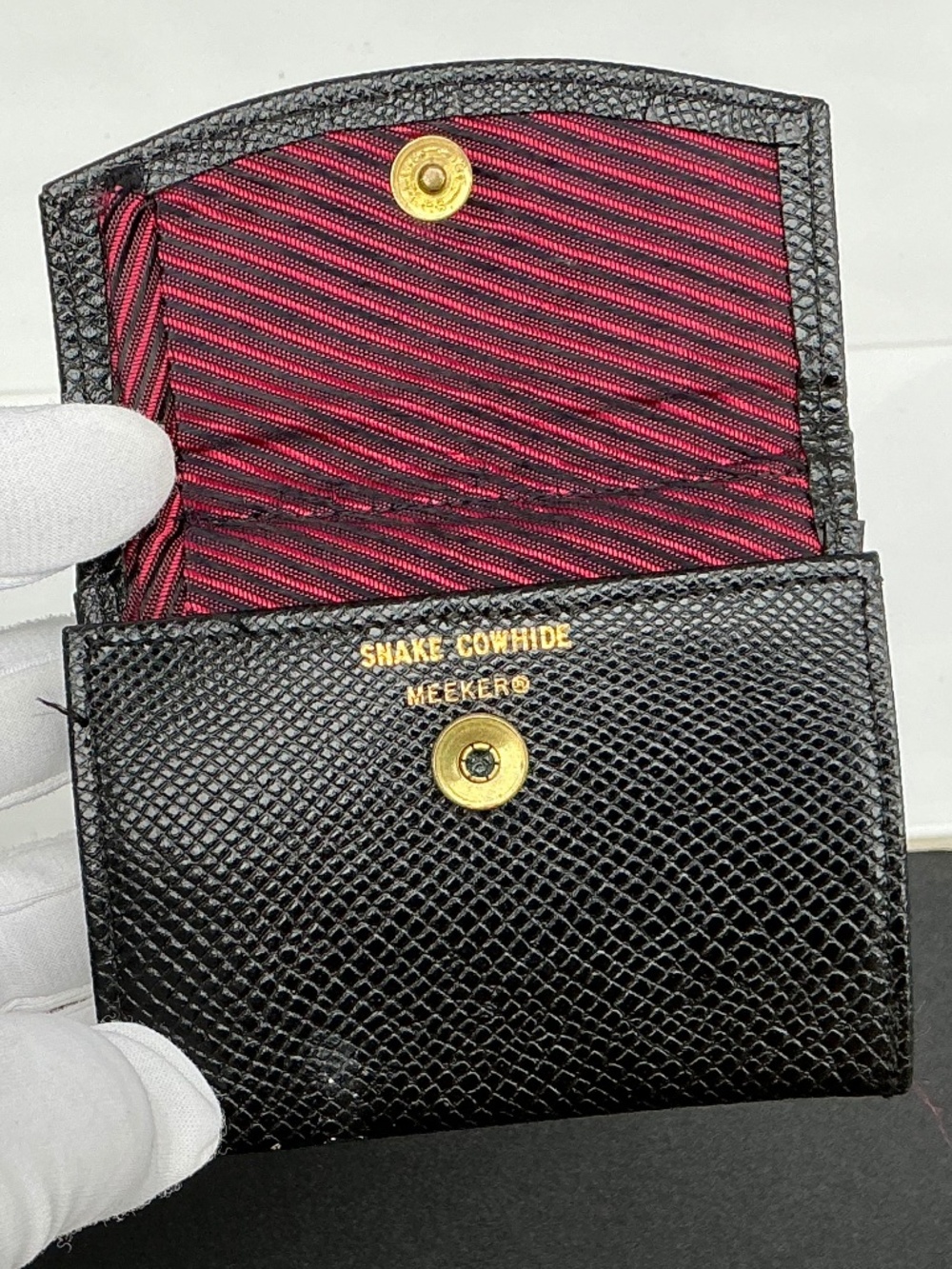 VTG 1950s Meeker Black Leather Trifold Wallet Coin Purse Snake Embossed Cowhide